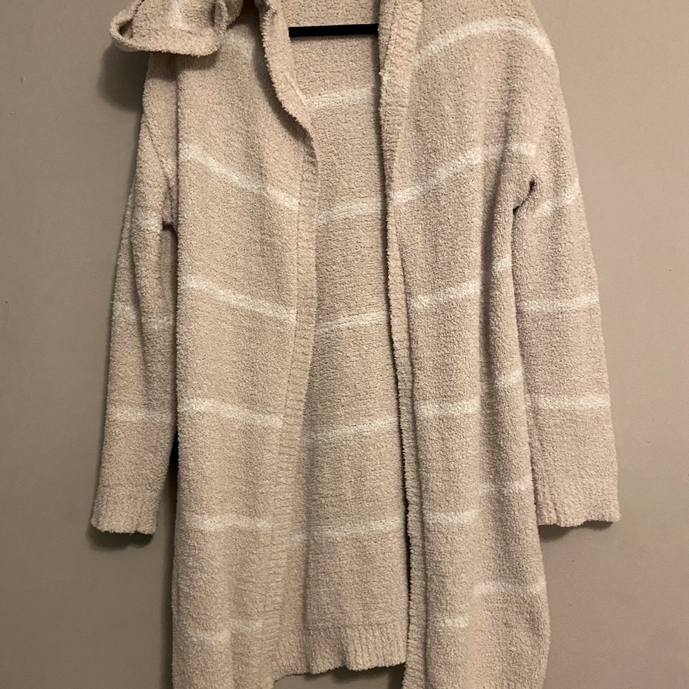 Beige and White Hooded Cardigan Sweater